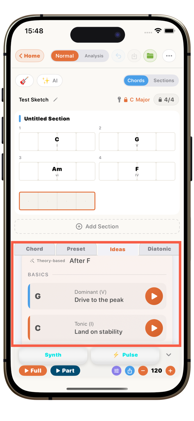 Ideas: next-chord suggestions with role and effect