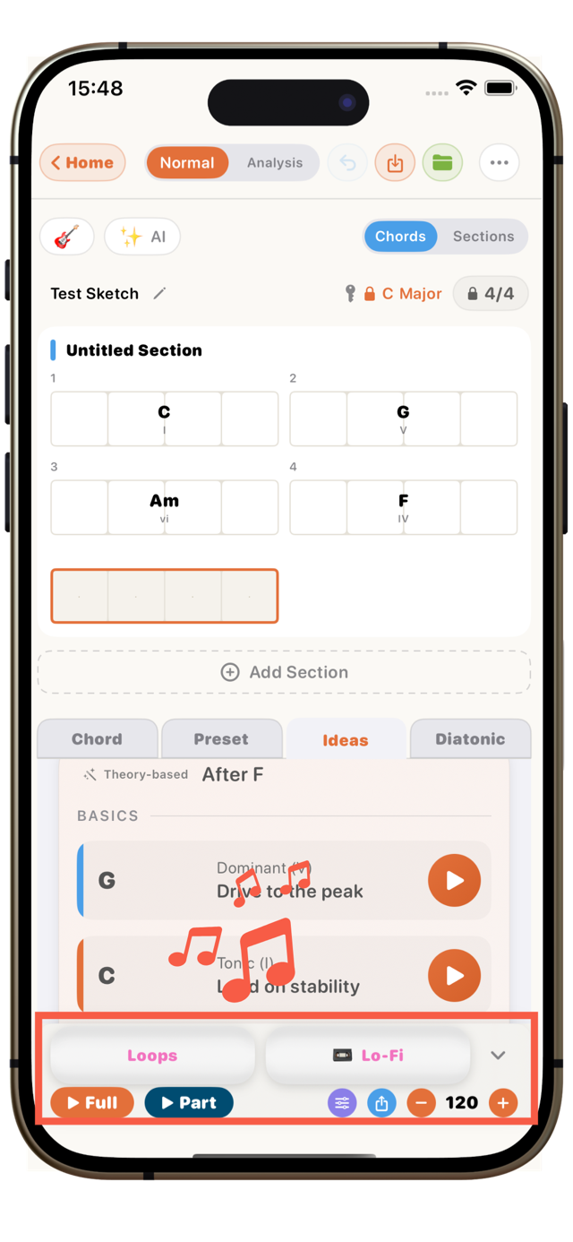 Groove playback: hear the progression on a rhythm