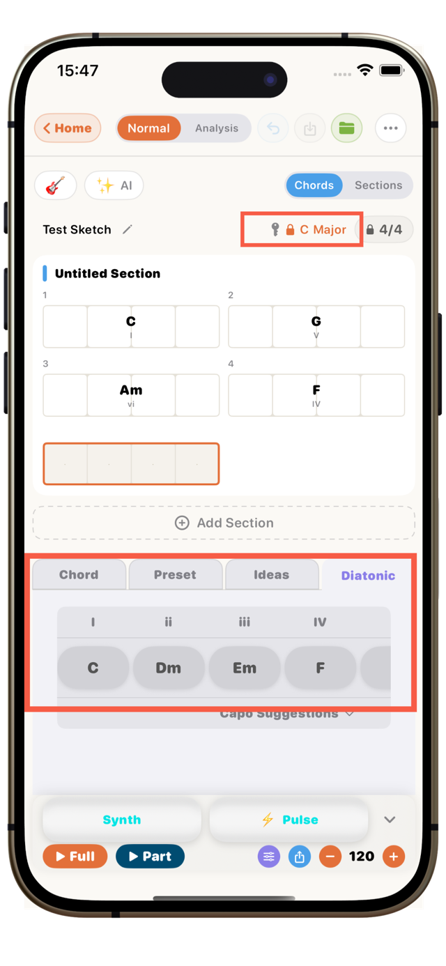 Create mode: pick a key and scale to see the diatonic chords