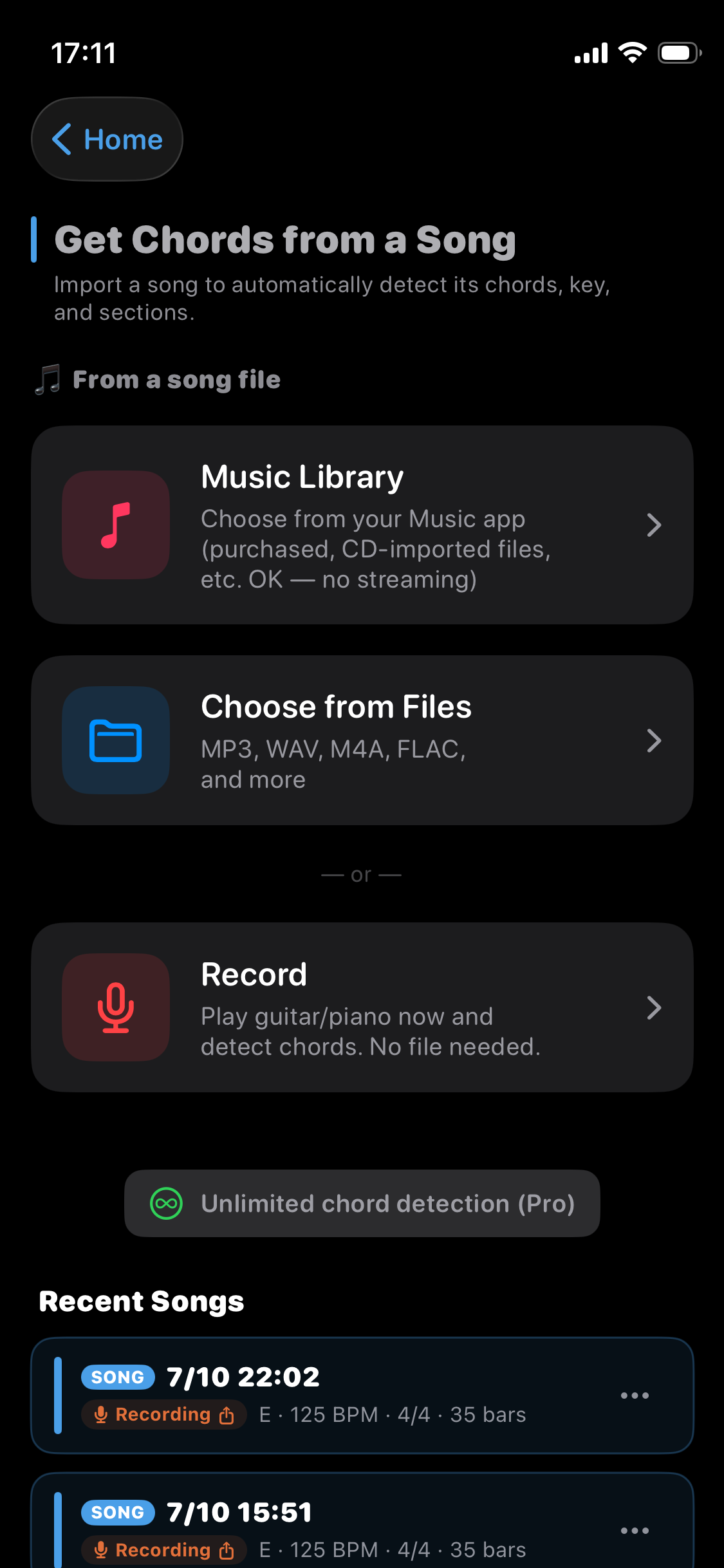 Get Chords entry: pick an audio file, or record your own playing