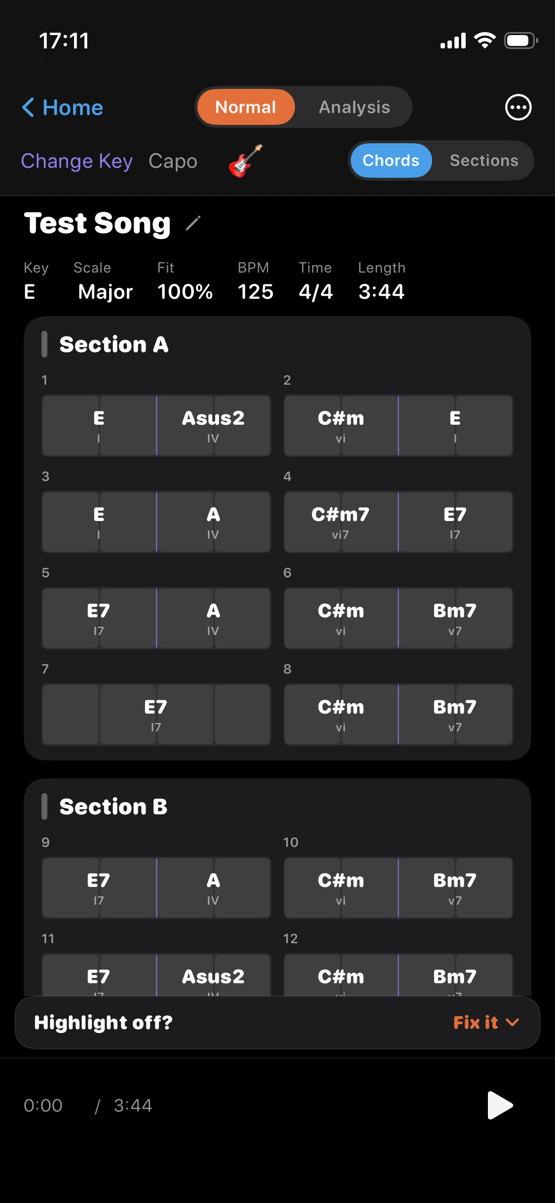 Result: chord progression, key, and sections