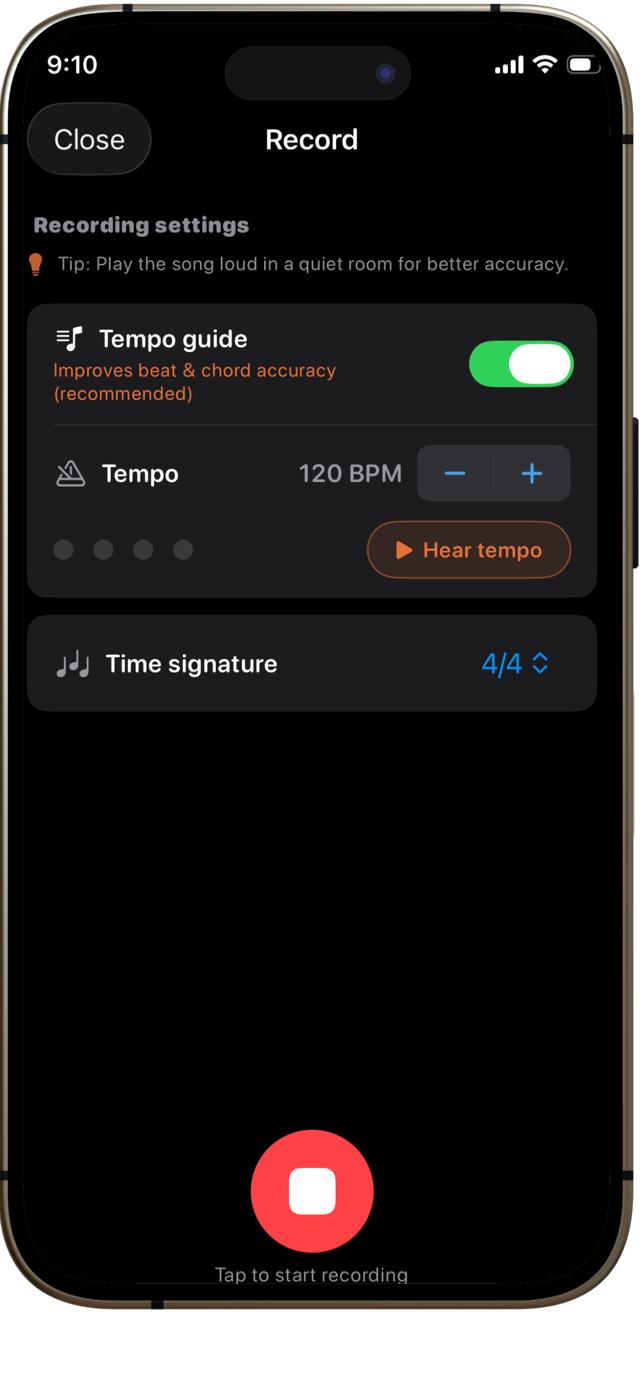 Recording settings: tempo guide, tempo, time signature